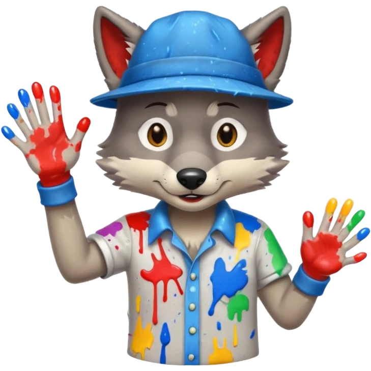 Wolf cartoon shaking hand wering hat and paint shirt children version  emoji