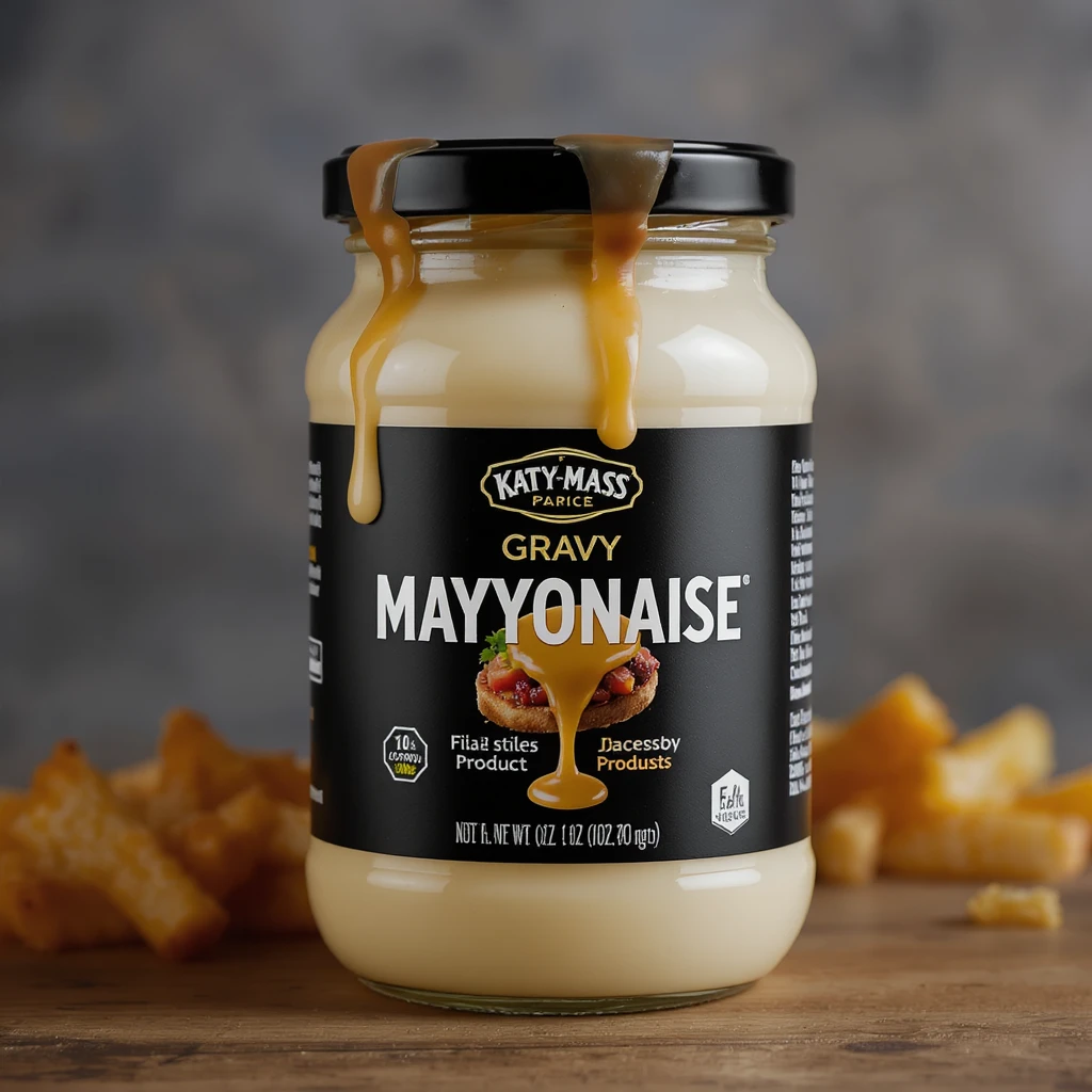 gravy mayonaise hybrid named  gravyonaise, product packgaging, jar emoji