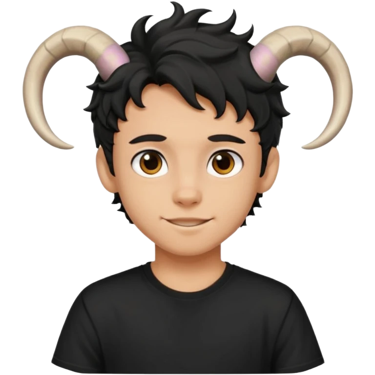 Menino de 15 anos de cabelo ondulado preto e de camiseta preta com chifres de bode emoji