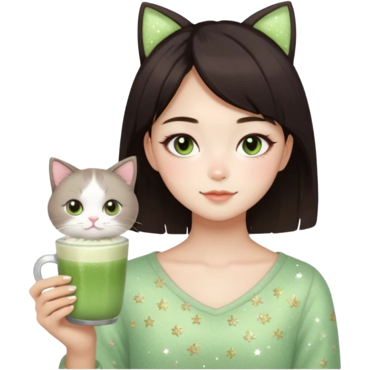 asian girl with shoart dark brown hair with a soft girl glowup aesthetic. matcha latte sparkles girly things, 2 ragdoll cats, skincare, makeup emoji
