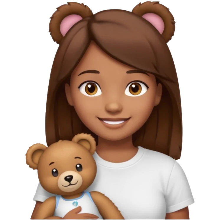 A Girl with Brown hair and Brown eyes with a t-shirt White. The t-shirt have dels a Teddy bear emoji