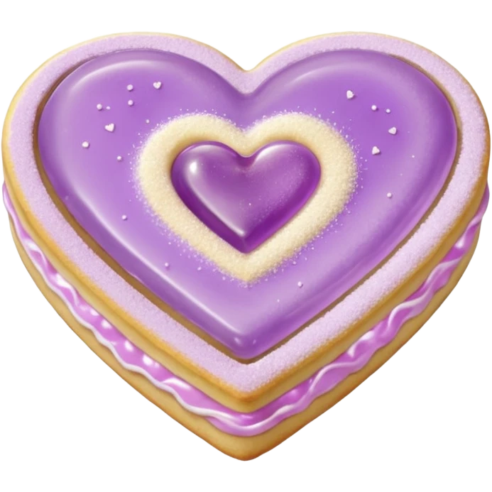Realistic shortbread cookie in the shape of a heart with pale lilac color jelly middle filling and sprinkled powder sugar on top. emoji