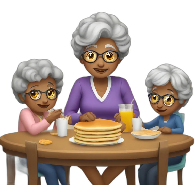 Granny with family in the table eat pancakes emoji