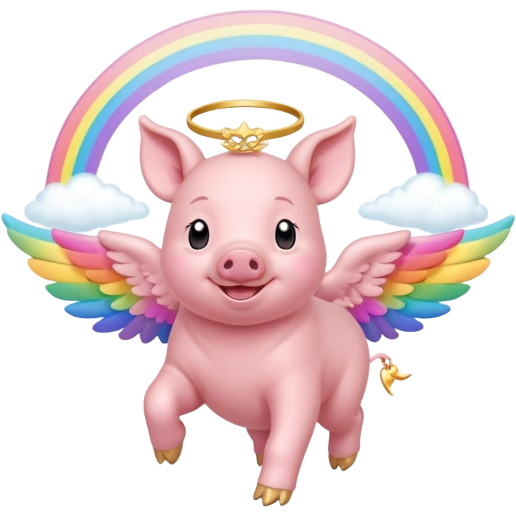 smiling piglet with angel wings and a halo, joyfully skipping across a rainbow bridge emoji