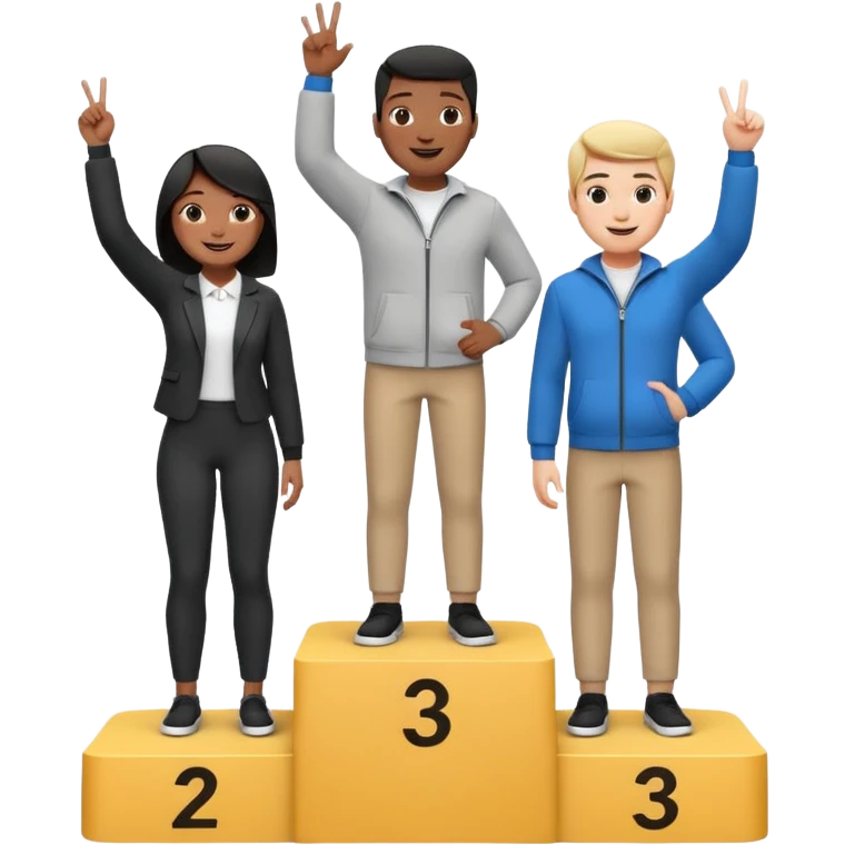 winners podium with three people, black and white, center step higher, no numbers, all in relaxed fun clothes, center person raising one finger on each hand, cheerful expressive emoji style emoji