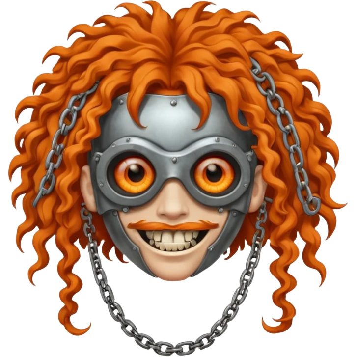 steam-punk Megadeth - iconic mascot with rusty metal eye covers and chains on his teeth, orange curly huge hair emoji