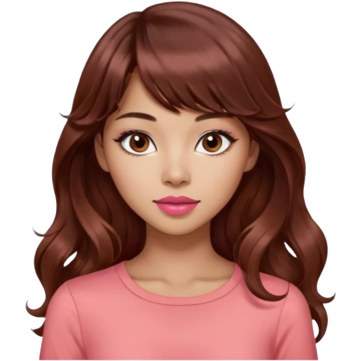 gorgeous woman, light tan skin, dark brown eyes, very long wavy auburn hair, bangs, pink top, coral lipstick, cool, model, mixed asian and latina emoji