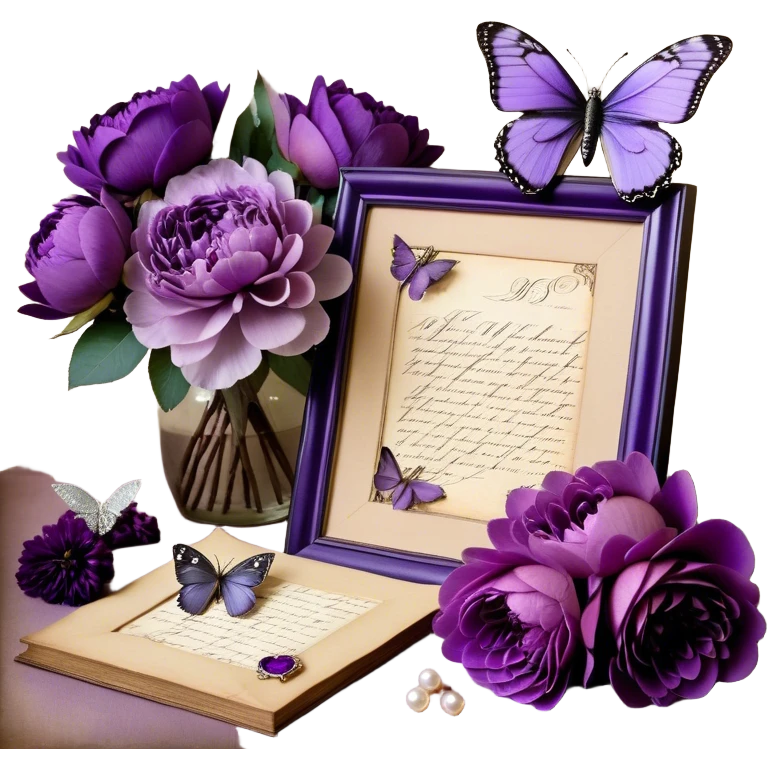 An antique love letter bundle, bound delicately with a purple silk ribbon, rests beside an arrangement of dried blush violet roses, lilac peonies, and soft purple dahlias, while a silver butterfly brooch adorned with pearls seems to pause, captivated by the deep violet inked calligraphy flowing across the aged parchment. emoji
