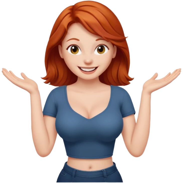 Naked red haired girl with hands on hips and big boobs.  She is smiling and laughing emoji