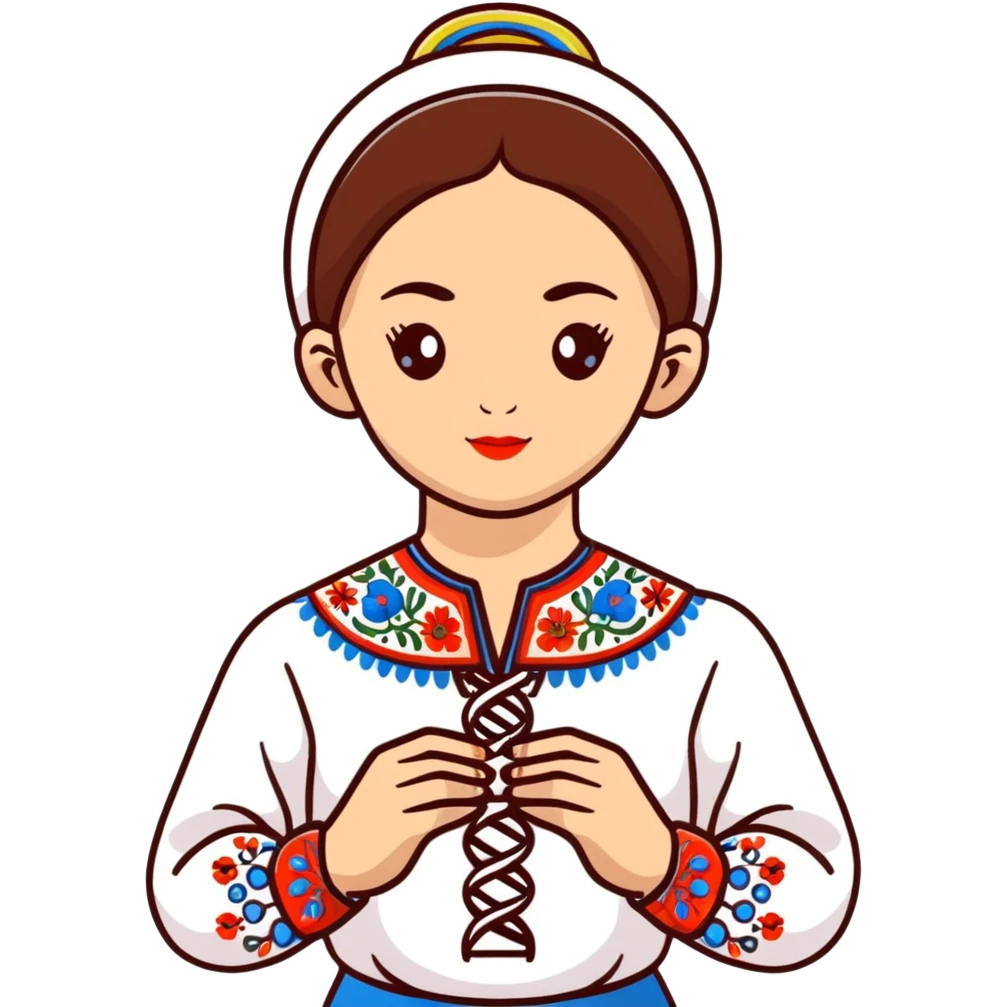 Ukrainian girl in traditional embroidered vyshyvanka shirt holding a DNA molecule in her hand emoji