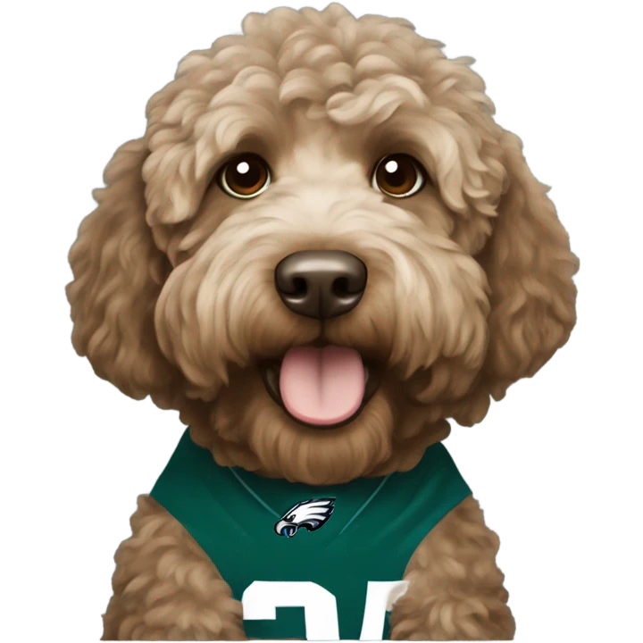 brownish Labradoodle wearing a Philadelphia eagles shirt emoji