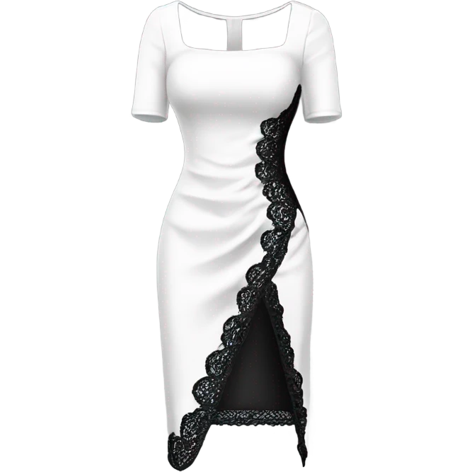 Realistic isolated fancy beautiful feminine white square neck dress with black sequin lace and split up the leg.of the dress. emoji
