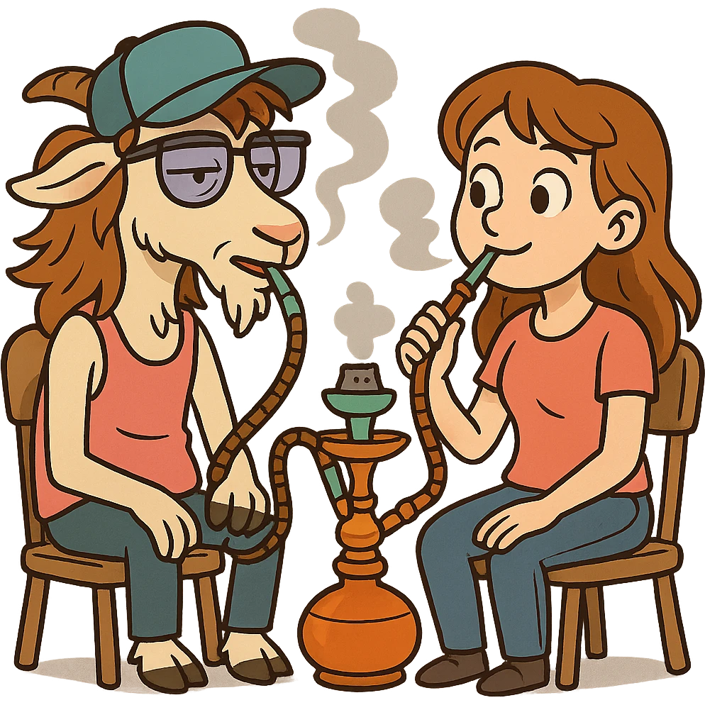 goat for Telegram stickers inspired by reference https://attic.sh/feoducyurkpqwz0la088soao98sx: wearing a cap, glasses, mullet hairstyle, pink drunkard tank top, sitting on a chair, smoking hooka with a girl https://i.ytimg.com/vi/x9PRt8xgy7Y/hqdefault.jpg . transparent background  emoji