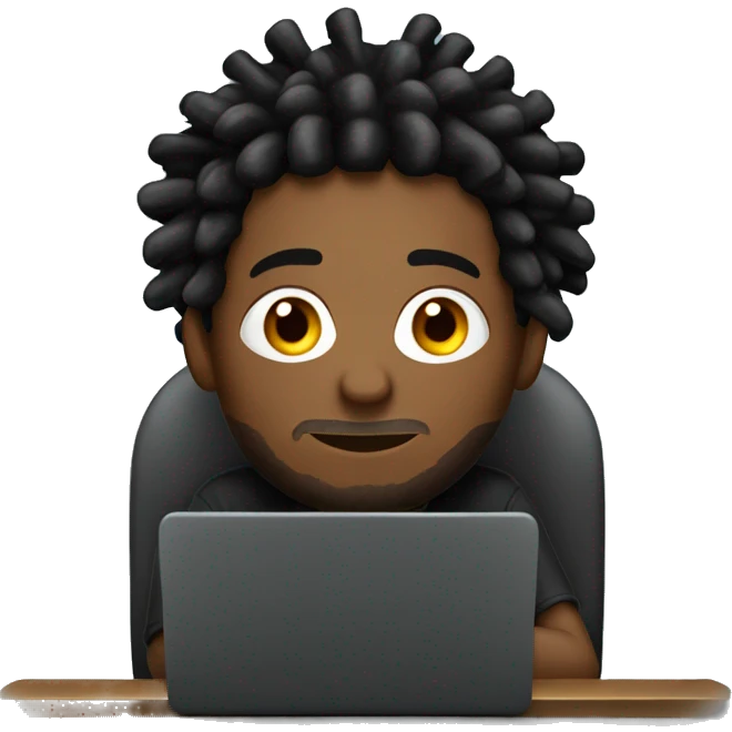 Black-guy-with-dreads-wearing-black-trackstuit-sitting-down-on-chair facing-foward-focused-on-laptop-computer- emoji