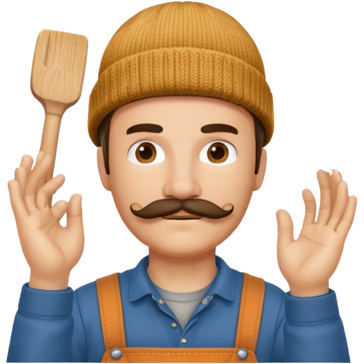 Woodworker mustache knit cap Carharttk shirt hand raised above head emoji