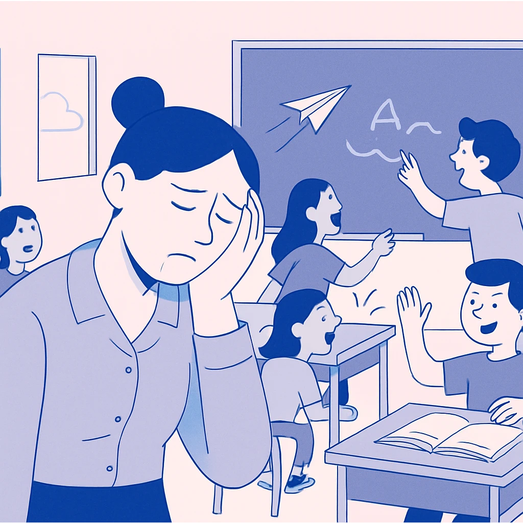 exhausted teacher in a bustling classroom emoji