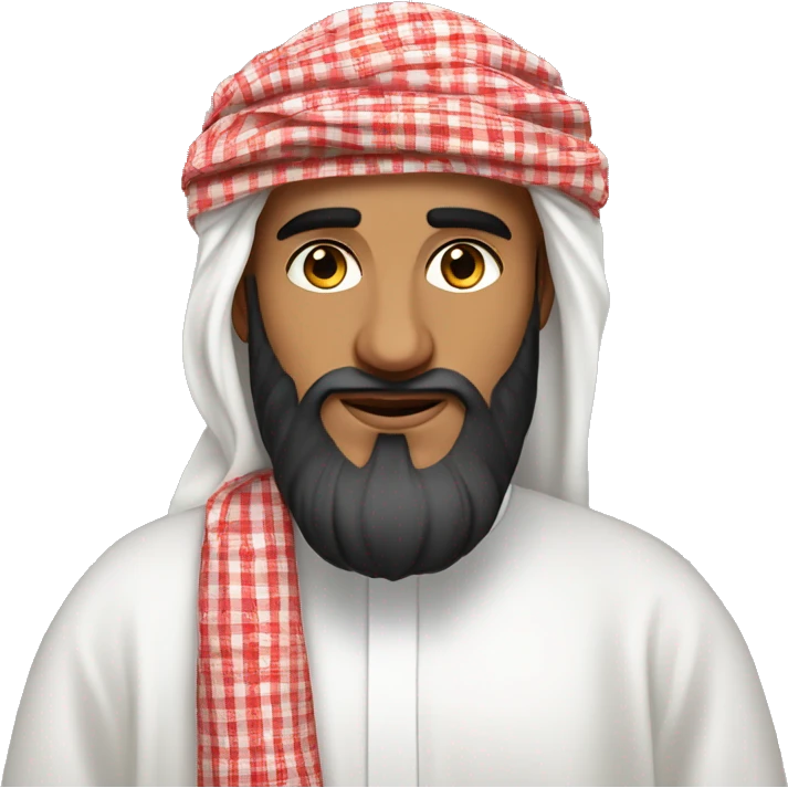 Saudi man with a beard wearing a white thobe, traditional red check patterned shmagh headscarf, and black agal emoji