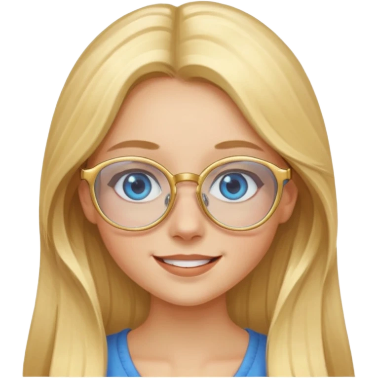 une fille blonde cheveux longs au yeux bleus avec des lunette dorée assez grande joyeuse  emoji