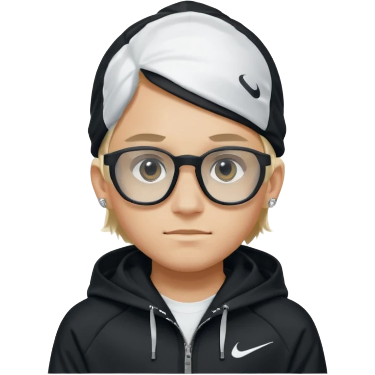 un emoji de un chico emcapuchado blanco con luzes negras e rubias, com uma chaqueta negra nike tech y unas gafas de oakley, con pendientes de diamante, que las gafas sean estilo cuadradas, los pendientes q no se cuelguen, que sean redondos, en las dos cejas un corte, que las gafas no sean circulares emoji
