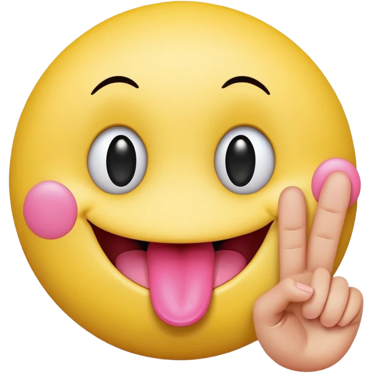 The image is a digital illustration of a yellow smiley face with big, round eyes and a big smile. The face is holding a pink tongue sticking out and making a 67 with its fingers. Above the face, The background is white. Like this but get rid of the text emoji