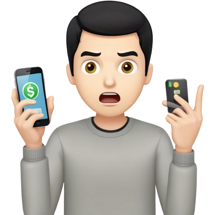 A surprised man with black hair holding a smartphone, wide eyes and open mouth, showing a banking app with a negative balance or notification of stolen money, hands in a shocked gesture, light skin tone, modern clothing, simple emoji style emoji