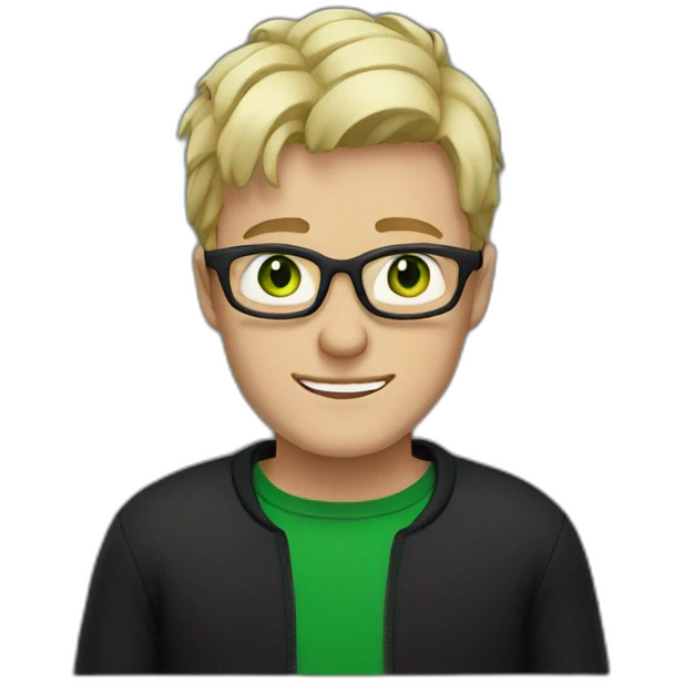 Blonde man with white glasses and green eyes wearing black jumper emoji