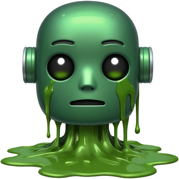 An emoji of a green robot melting away covered in thick green sludge sad and depressed  emoji