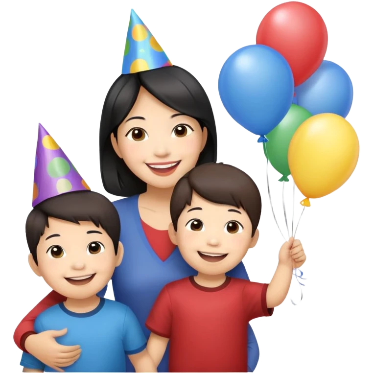 Asian American woman with two young boys 3 and 6 years old celebrating birthday  emoji