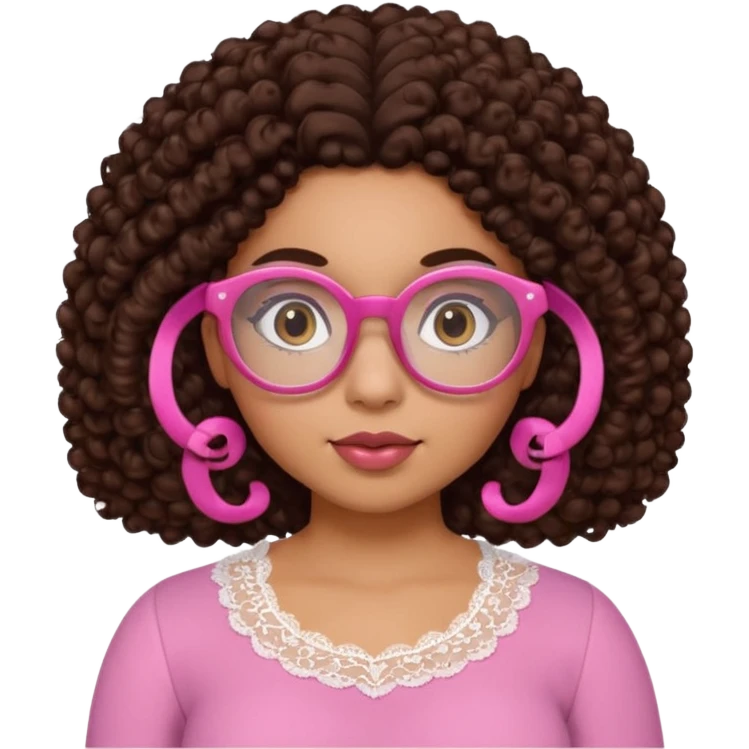 medium-light kinned afro-latina girl with medium length chocolate brown side part curly hair, brown glasses, brown eyes, pink and white sweetheart necklined top with lace, round wide-ish nose, chubby oblong face emoji