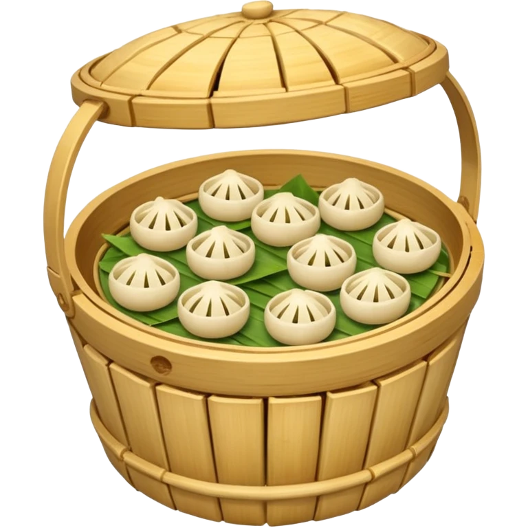 A bamboo steamer basket filled with tiny dumplings. emoji