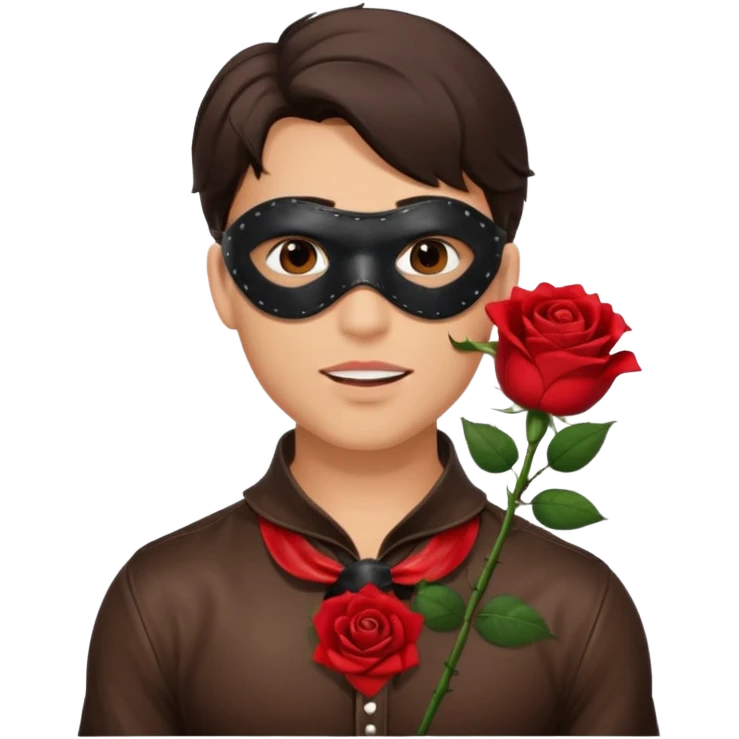 brunette young adult man with leather eye mask and leather halter neck blouse, holding rose with his mouth emoji