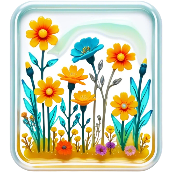Epoxy resin art icon, jewelry and decorative items made with fluorescent epoxy resin, glowing effect on the resin, finished resin jewelry with dried flowers embedded inside, visible tubes of resin with bright colors, mixing tools, and molds, minimalistic style, clean lines, transparent background emoji