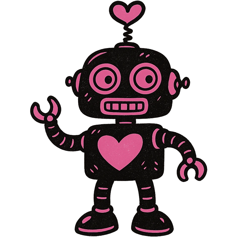 black and pink quirky robot with a heart-shaped antenna emoji