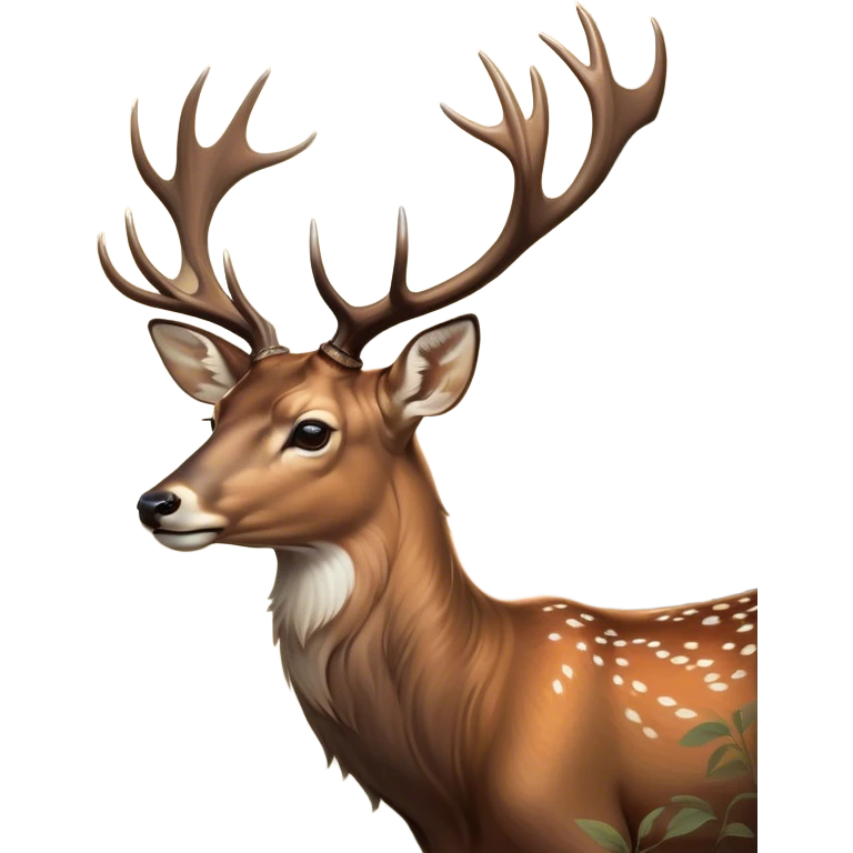 Cinematic Noble Deer Portrait Emoji, Poised and regal, with a graceful, slender build and a dappled coat of warm browns and creams, elegant antlers crowning its head, deep-set soulful gentle eyes, Simplified yet sharp and sophisticated features, highly detailed, glowing with a soft, dignified glow, high shine, intelligent and serene, stylized with an air of forest majesty, focused and attentive, soft glowing outline, capturing the essence of a watchful woodland guardian, so majestic it feels as though it could gracefully leap out of the screen with effortless authority! emoji