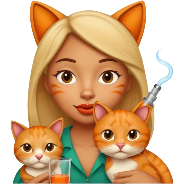 Light skinned Mexican with extremely big lips cuddling and orange cat while smoking from a glass pipe  emoji