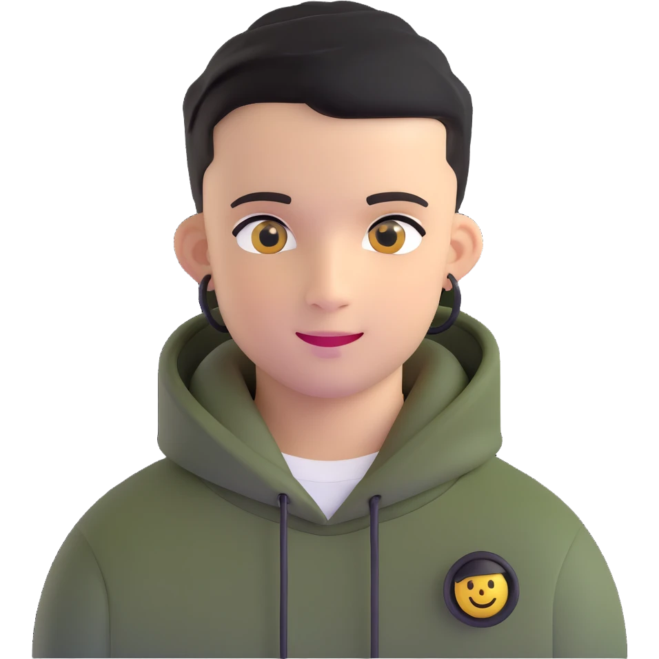 man with black military haircut, brown eyes, wearing 2 circle earrings and a black hoodie with a smiley face emoji