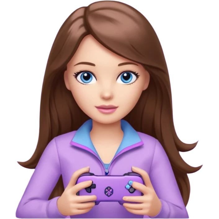beautiful barbie girl with long brown hair, blue eyes and wearing light purple clothes playing pc games emoji