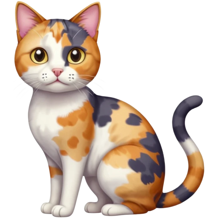 full body anxious looking colourful patchy calico tabby cat with tiny head to large body with fully white front legs emoji