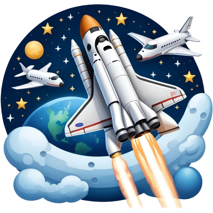 An icon featuring a space shuttle and an airplane against a starry sky, symbolizing aerospace technology. The design includes rocket boosters and satellite orbits, representing the exploration of space and advanced aviation. Transparent background emoji