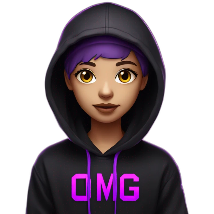 light-skin student in the black hoody with violet letters "OMG VR" on it wearing vr headset. Cyberpunk style. Violet neon. emoji