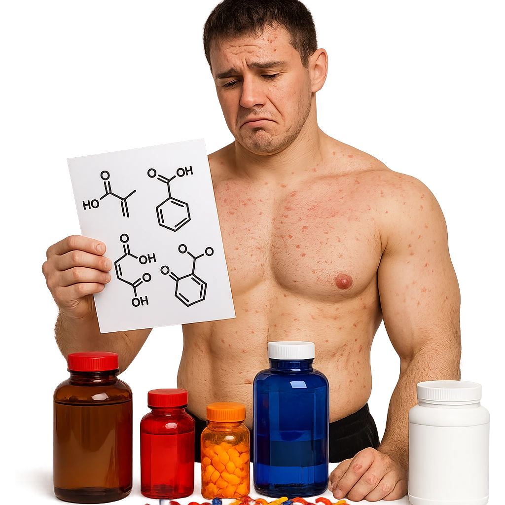realistic inexperienced bodybuilder holding list of molecules, surrounded by colorful bottles and pills, regretful expression, skin marked by stretch marks and acne, white background, 4K quality emoji