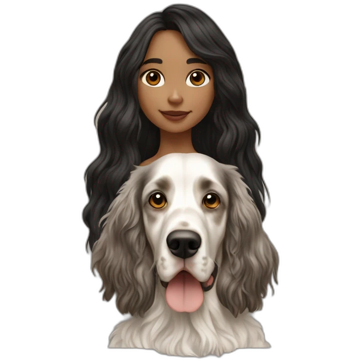 hyperrealist caucasian girl black long hair with brown english setter dog emoji