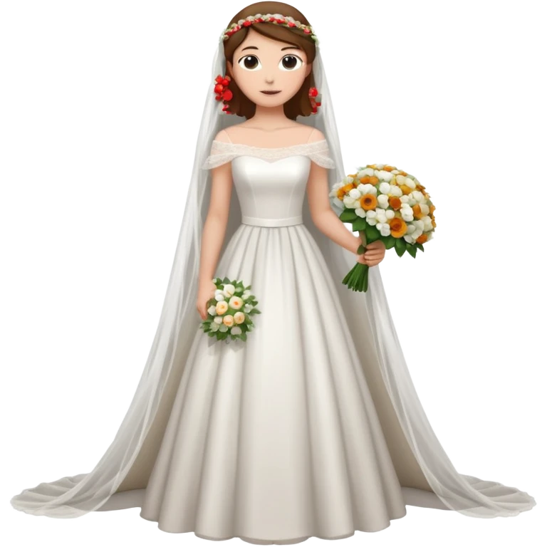 Chica blanca,cuerpo entero, vestido boda cuello barco y , pelo castaño,   1 ramo de flores , pelo recogido con velo largocola por la parte de atrás del vestido emoji
