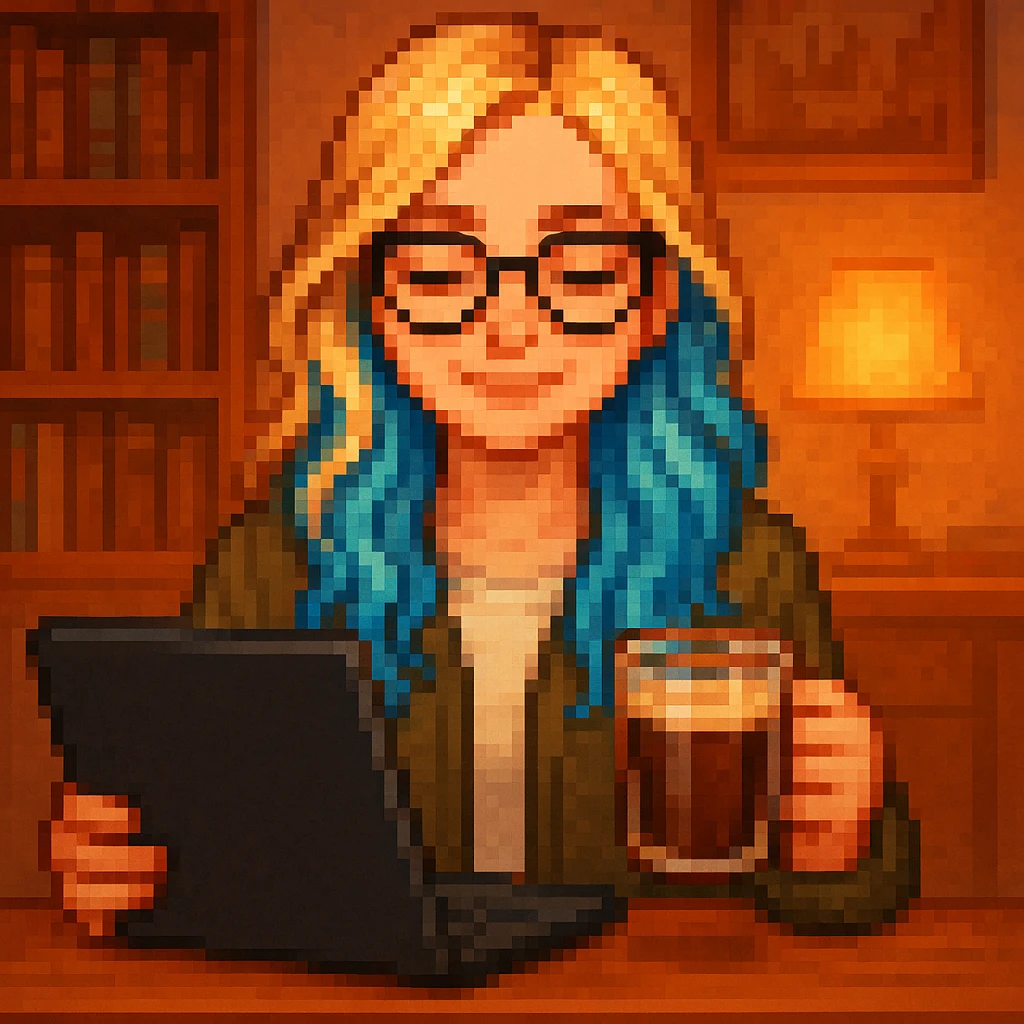 A girl with blonde hair and blue hair wearing glasses holds a laptop and a glass of coffee with a background emoji