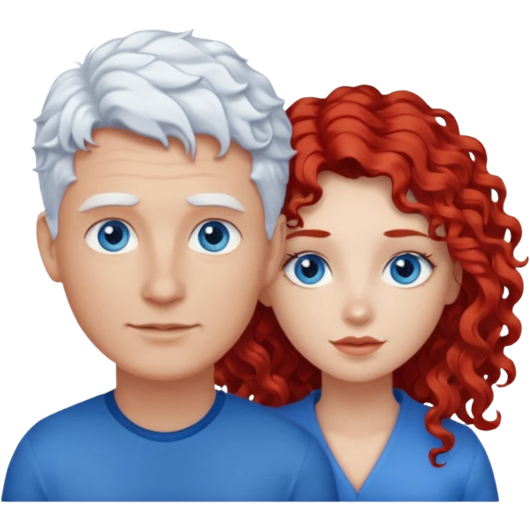 Homme cheveux blanc courts yeux bleu + femme rousse cheveux longs bouclés yeux bleu emoji
