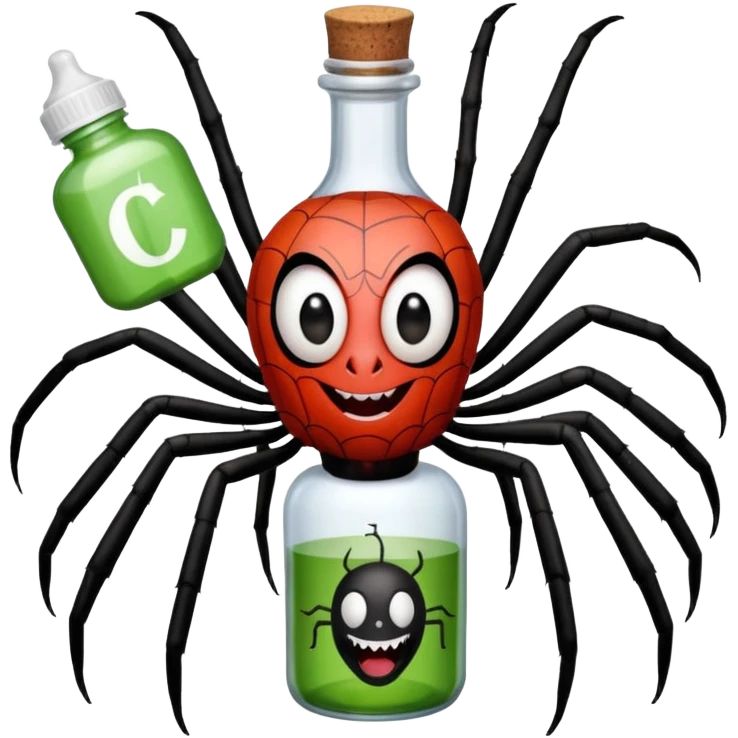 wesoły śmieszny pająk z butelka jadu i podpisem cześć emoji