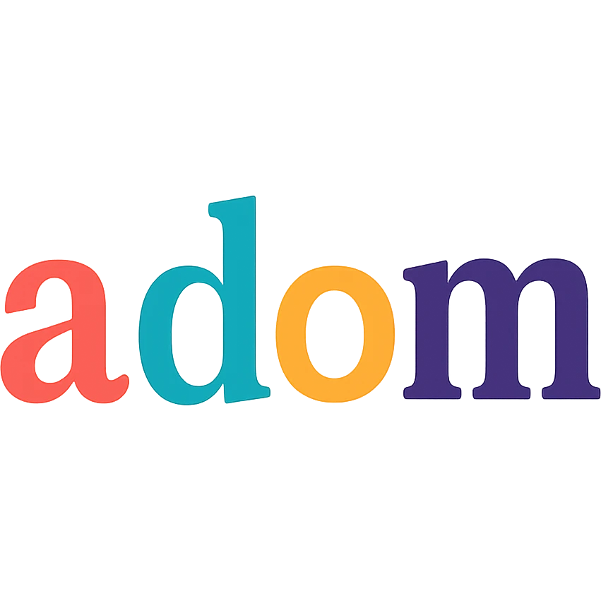 colorful modern text image with the word 'adom' in the center, varied colorful fonts, no emoji or face emoji