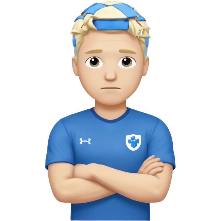 Pale blond man in blue football t shirt crossed arms trembling from cold emoji