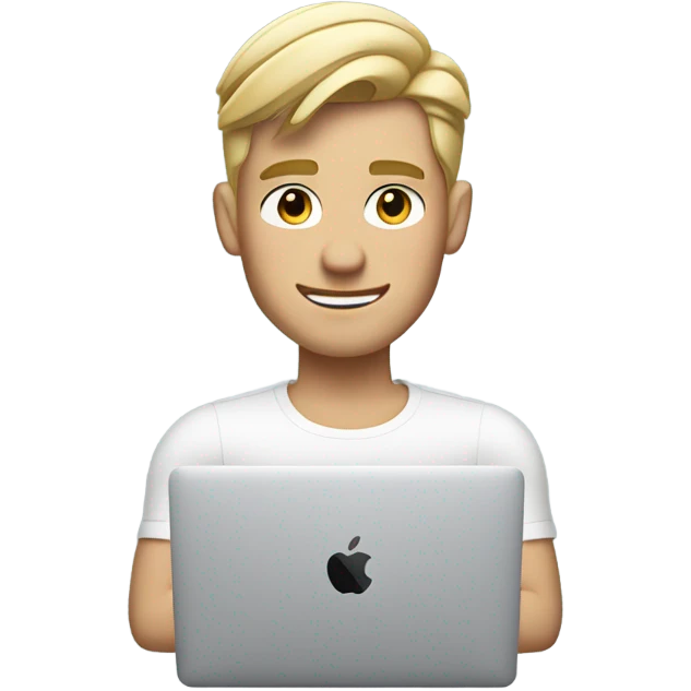 Emoji of a stylish blonde-haired man with a modern haircut, using a MacBook and wearing AirPods. Apple-style, clean design, confident expression. emoji