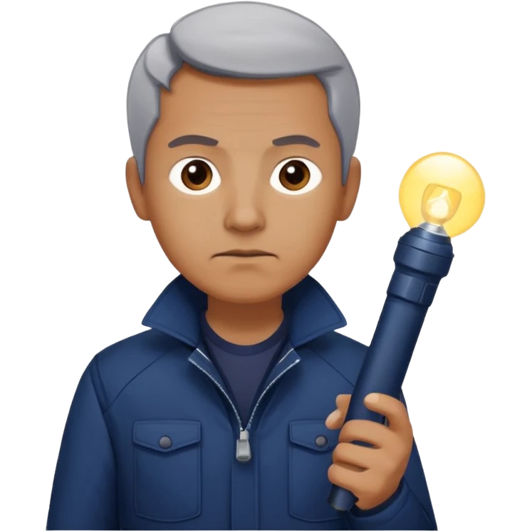 Security, Middle-aged, wearing navy blue jacket, serious facial expression, holding flashlight, full body emoji